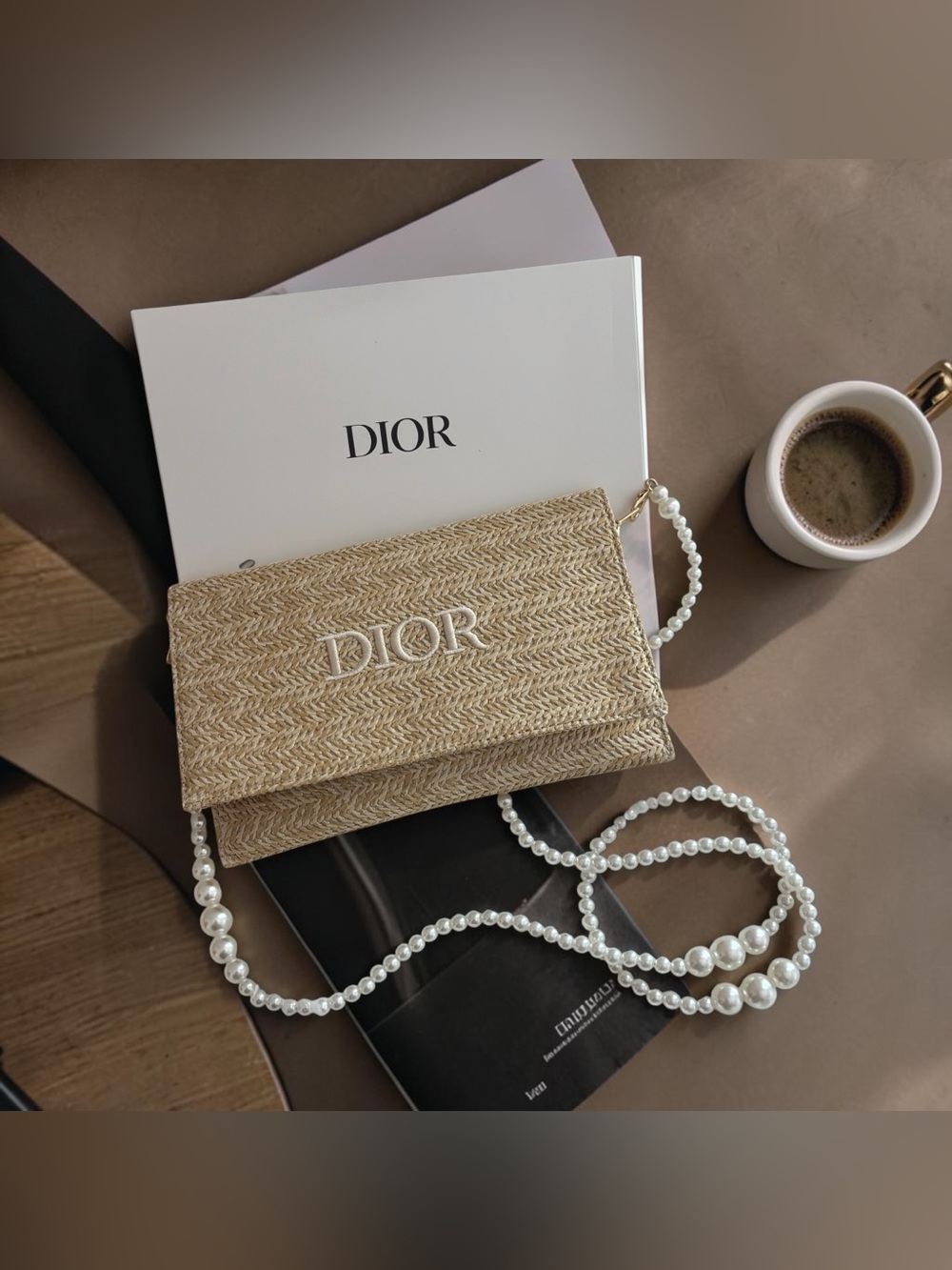 DIOR Beauty Rattan Clutch pouch w/pearl strap Novelty NEW
